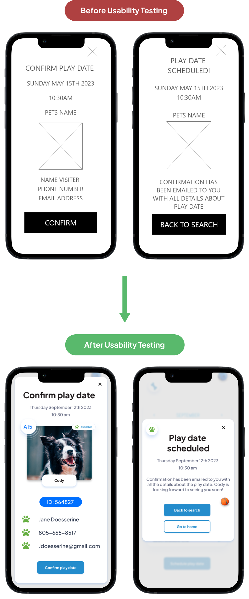 iterations for tablet and mobile showing changes to the confirmation page