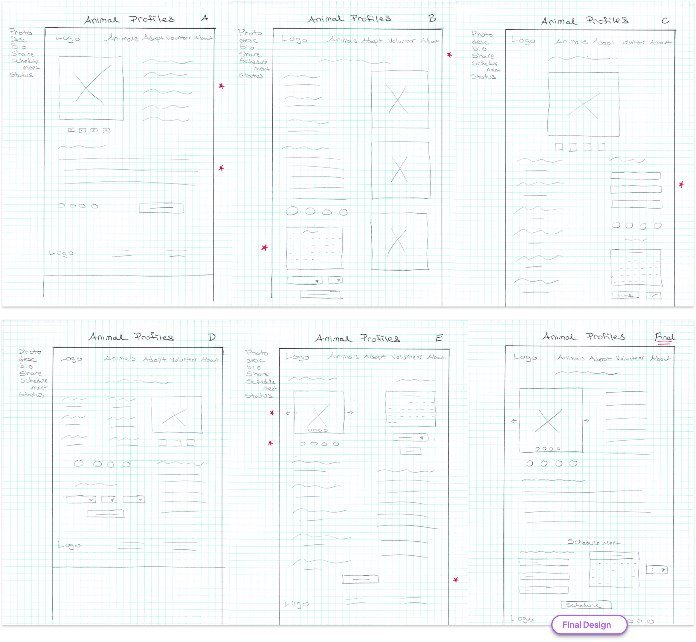 paper wireframes showing all design iterations