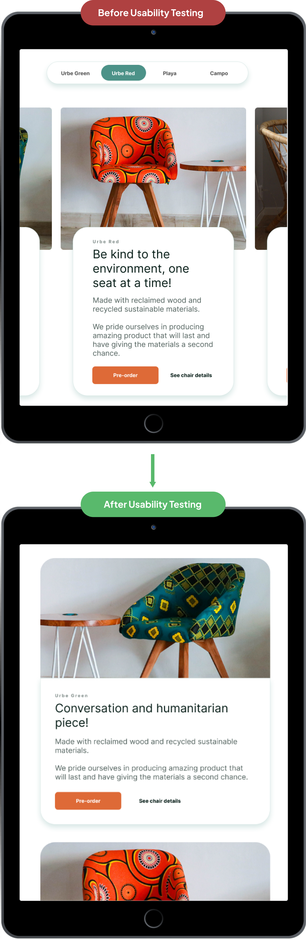 iterations before and after usability study for tablet and mobile